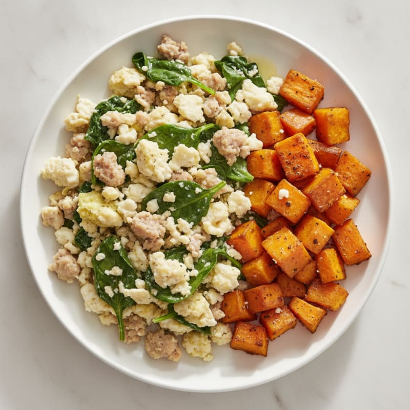 Egg White and Turkey Sausage Scramble with Spinach and Roasted Sweet Potato