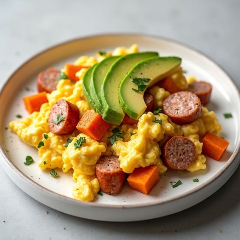 Egg White Scramble with Turkey Sausage and Roasted Sweet Potato