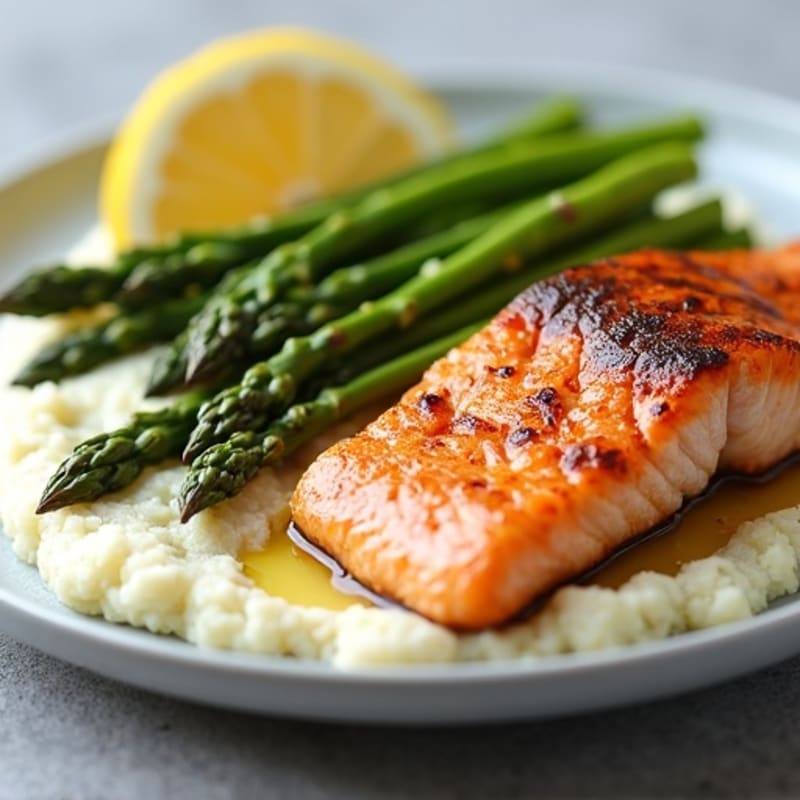 Seared Salmon with Steamed Asparagus and Cauliflower Mash
