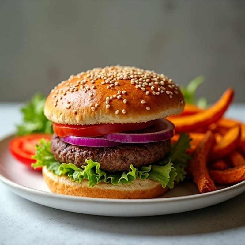 Lean Beef Burger with Crispy Sweet Potato Fries