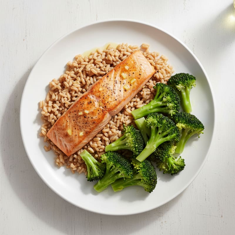 Seared Salmon with Steamed Broccoli and Brown Rice