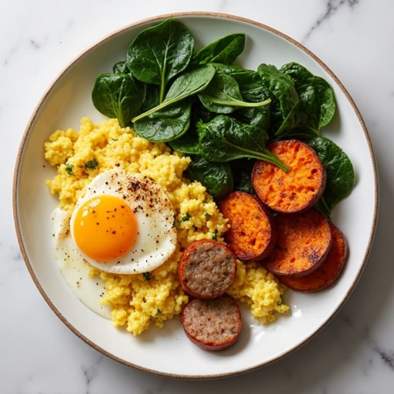 Egg White and Turkey Sausage Scramble with Spinach and Roasted Sweet Potatoes