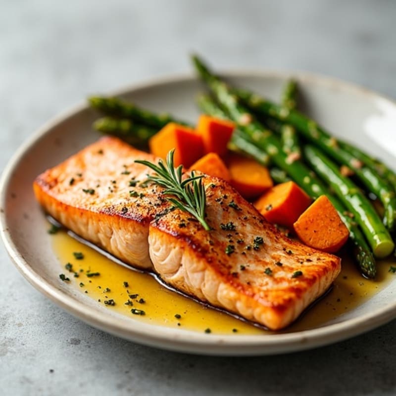 Seared Salmon with Roasted Sweet Potatoes and Asparagus