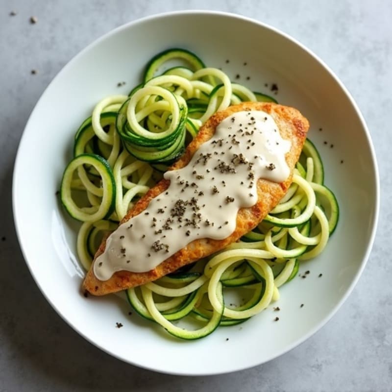 Chicken with Creamy Cashew Alfredo Sauce and Zucchini Noodles
