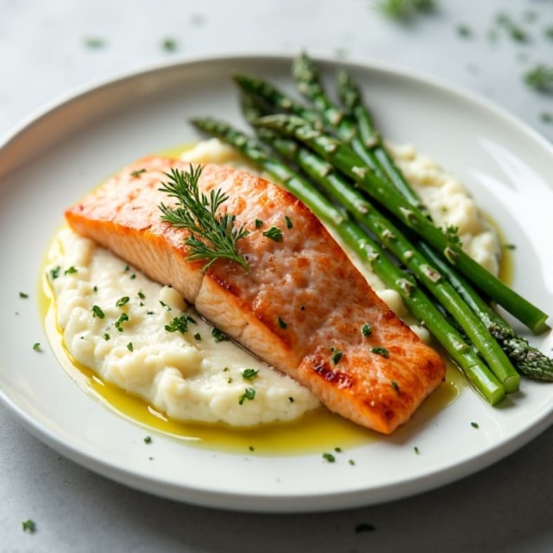 Seared Salmon with Steamed Asparagus and Cauliflower Mash