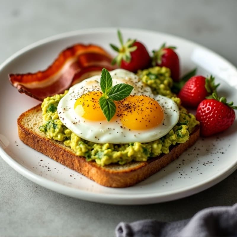 Spinach Scrambled Eggs with Avocado Toast, Crispy Turkey Bacon, and Fresh Berries