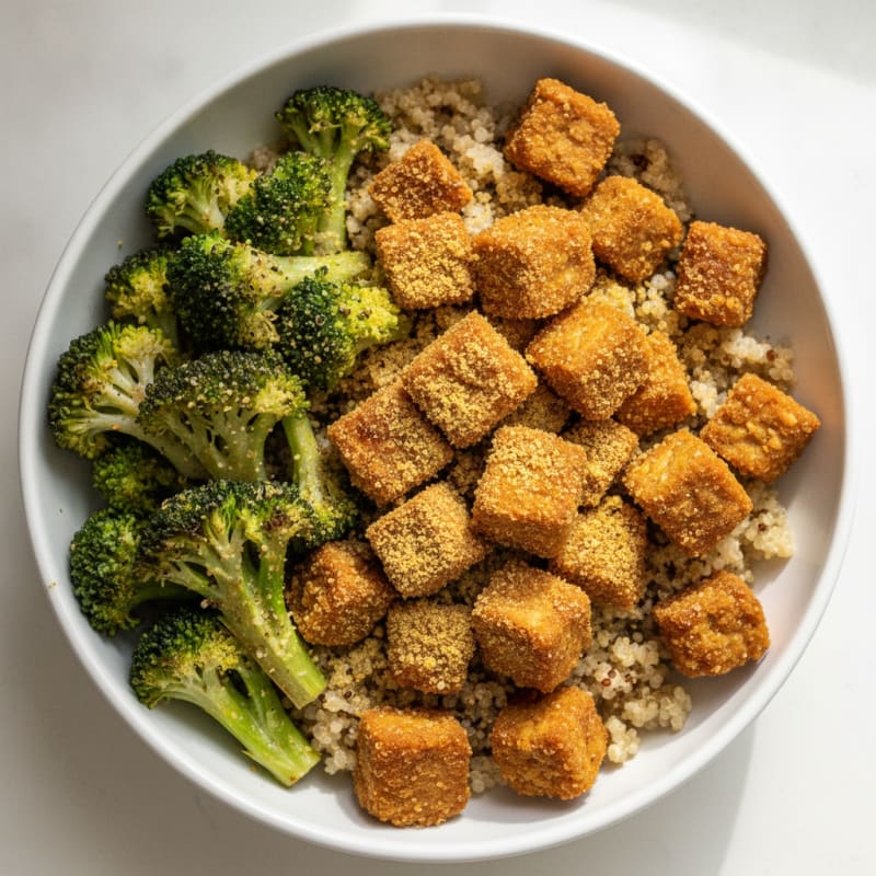 Crispy Tempeh Power Bowl with Quinoa and Roasted Broccoli