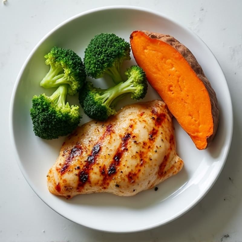 Grilled Lemon Garlic Chicken Breast with Roasted Sweet Potato and Steamed Broccoli