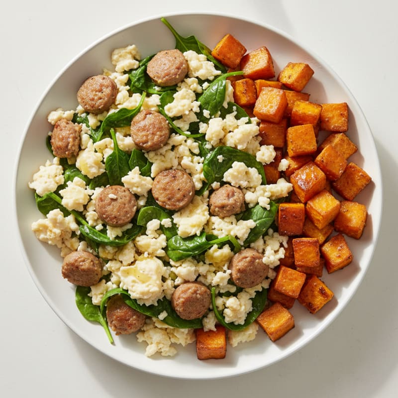 Egg White and Turkey Sausage Scramble with Spinach and Roasted Sweet Potato