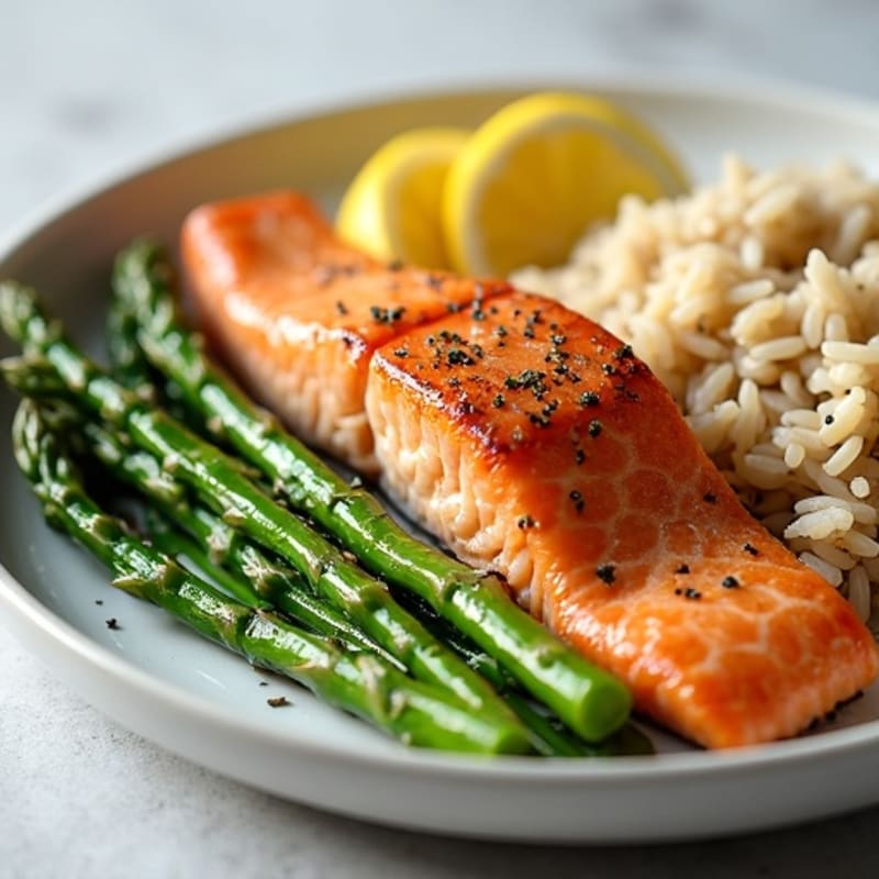 Seared Salmon with Steamed Asparagus and Brown Rice