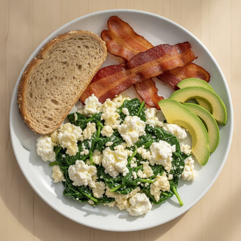 Egg White Spinach Scramble with Cottage Cheese and Turkey Bacon