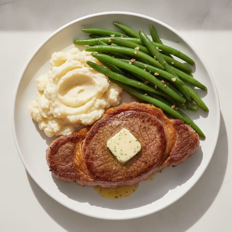 Seared Sirloin Steak with Garlic Green Beans and Mashed Cauliflower