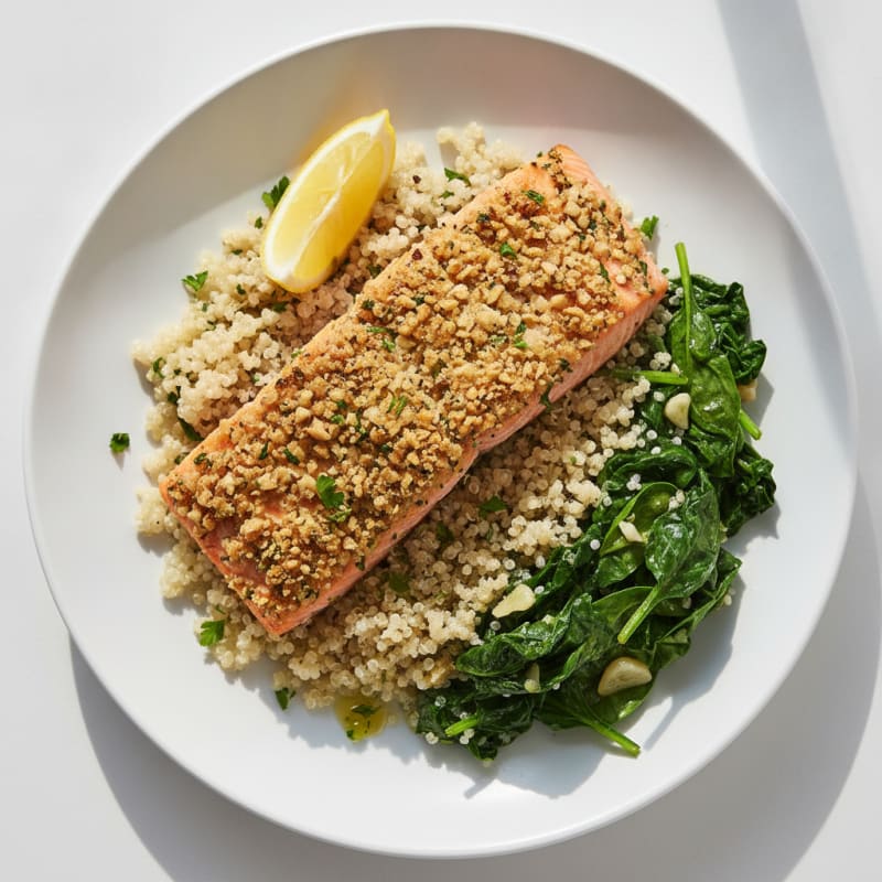 Herb-Crusted Salmon with Steamed Quinoa and Sautéed Greens