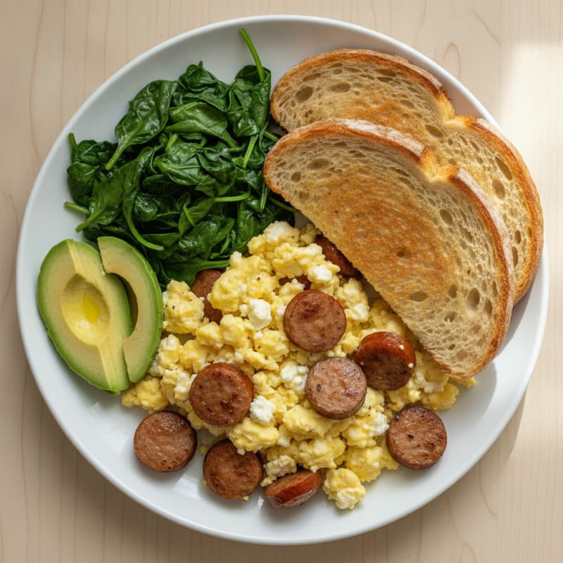 Cottage Cheese Scramble with Turkey Sausage and Sautéed Spinach