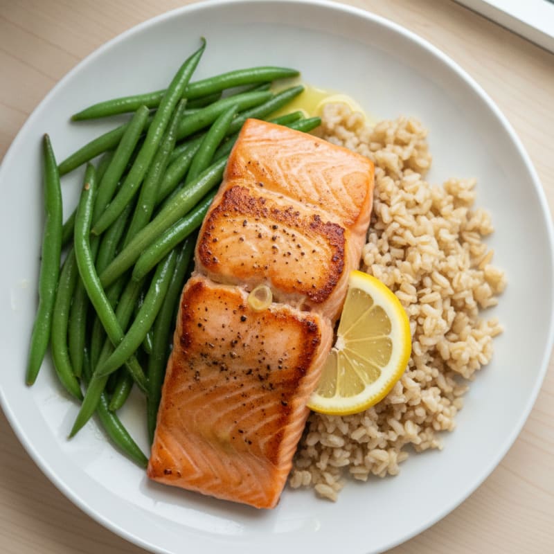 Seared Salmon with Steamed Green Beans and Brown Rice