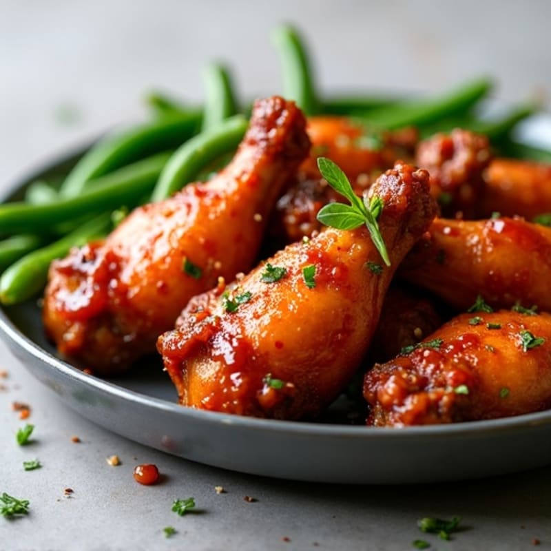 Crispy Baked Spicy BBQ Chicken Wings with Roasted Green Beans