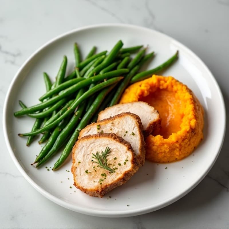 Seared Turkey Breast with Steamed Green Beans and Sweet Potato Mash