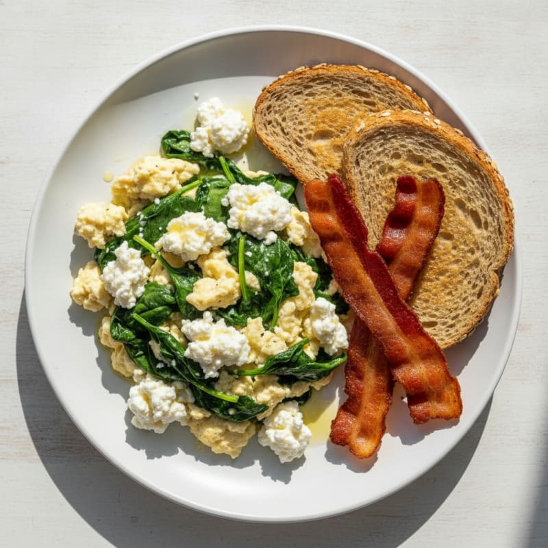 Egg White Spinach Scramble with Cottage Cheese and Turkey Bacon
