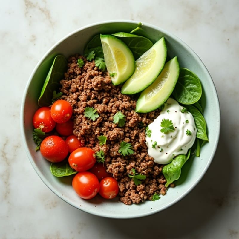 Protein-Packed Ground Beef Bowl with Creamy Dressing and Fresh Veggies