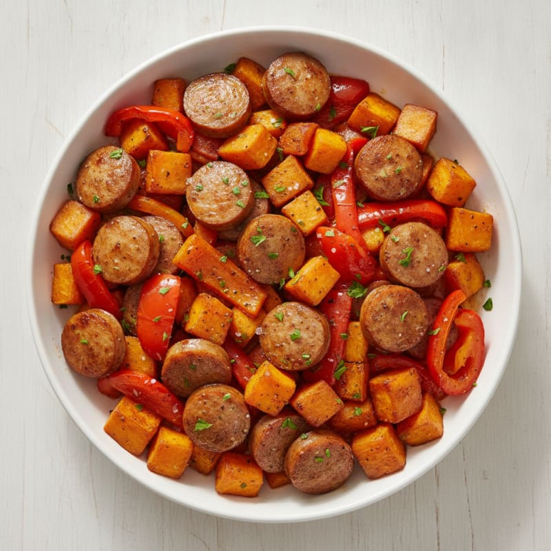 Sheet Pan Chicken Sausage with Roasted Sweet Potatoes and Peppers