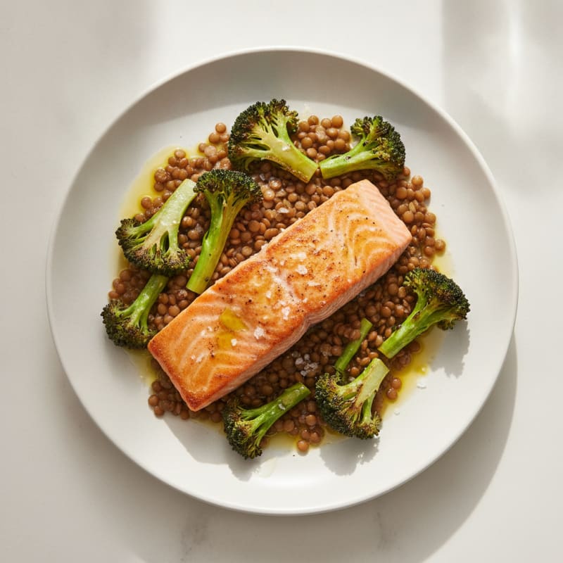 Seared Salmon Fillet with Roasted Broccoli and Lentils