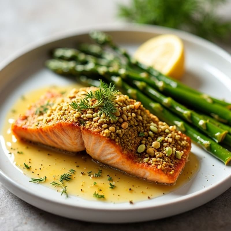 Crispy Pistachio-Crusted Salmon with Lemon-Dill Roasted Asparagus