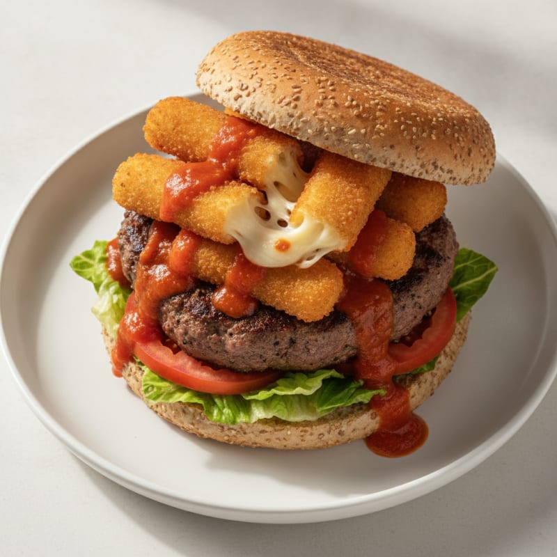 Mozzarella Stick Beef Burger with Marinara