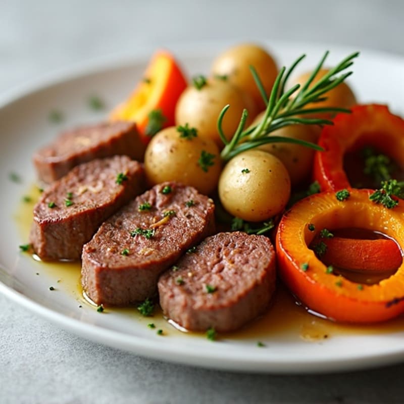 Garlic-Herb Tenderloin Tips with Roasted Potato Squash Medley