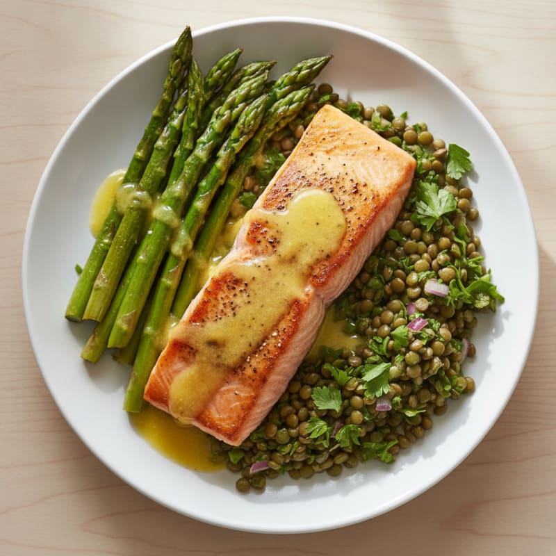 Seared Salmon with Roasted Asparagus and Lentil Salad