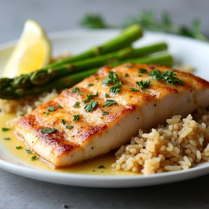 Lemon-Garlic Pan-Seared Tuna with Fresh Roasted Asparagus and Brown Rice