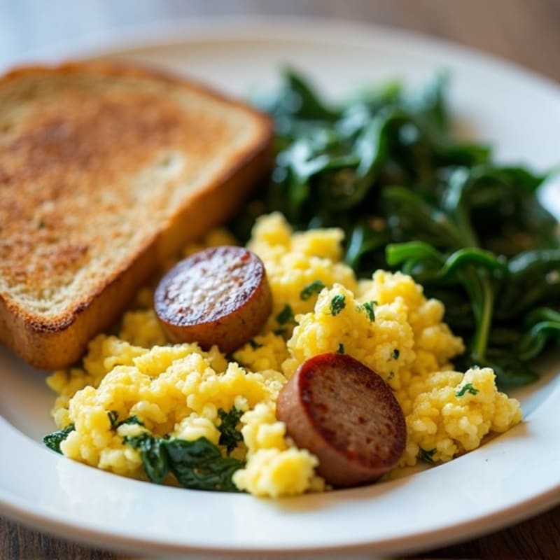 Egg White and Turkey Sausage Scramble with Sautéed Spinach