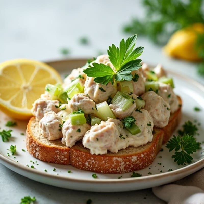 Flaky Tuna Salad with Crunchy Celery and Fresh Herbs on Toasted Whole Grain Bread