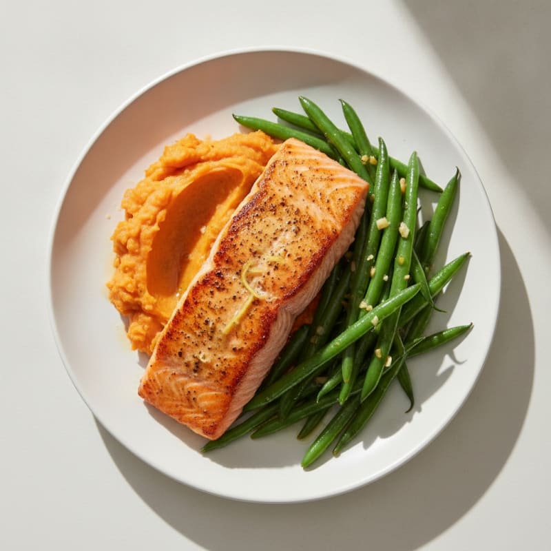 Seared Salmon with Garlic Green Beans and Sweet Potato Mash