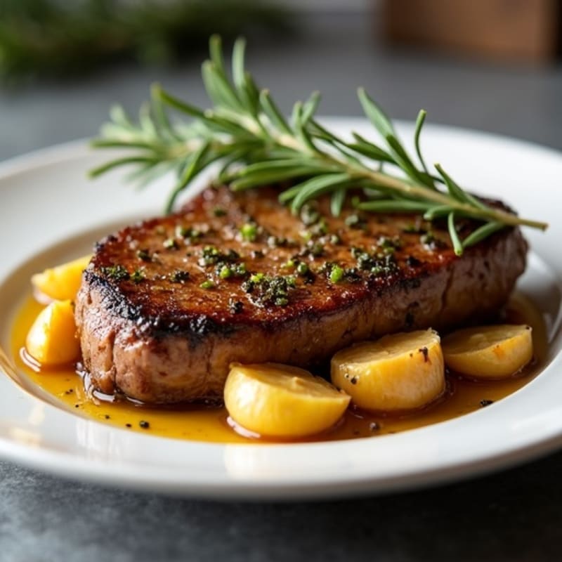 Herb-Crusted Pan Seared Steak with Roasted Garlic