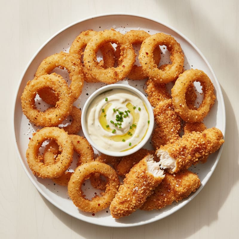Beer-Battered Onion Rings with Crispy Chicken Strips