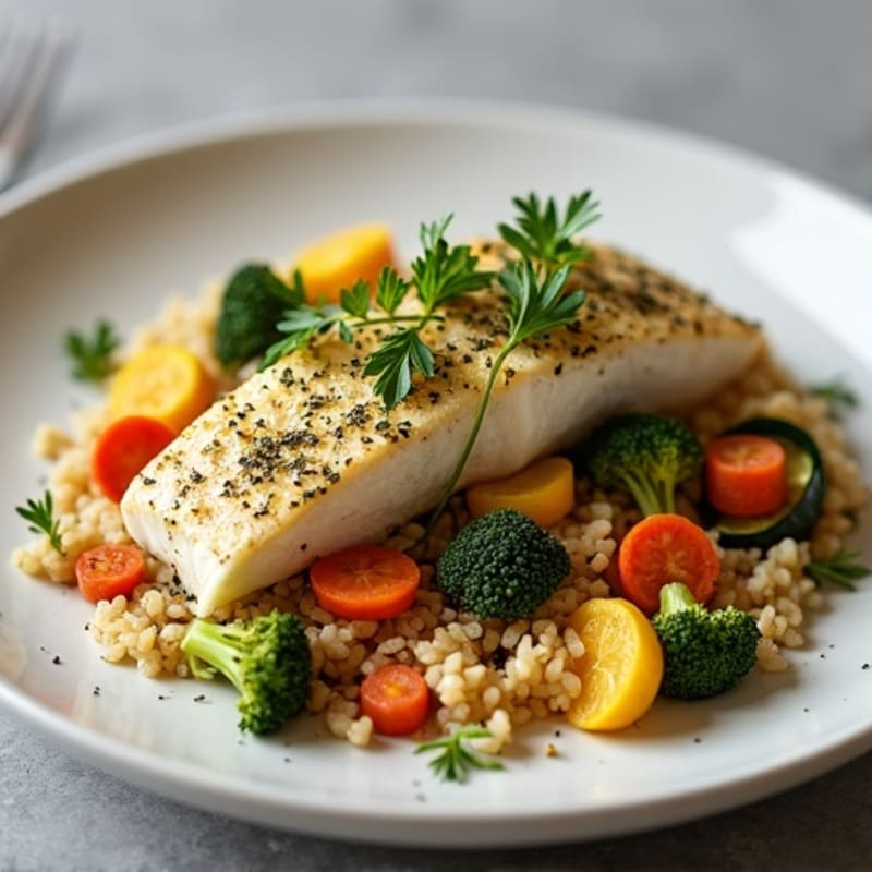 Herb-Crusted Dory with Garlic Brown Rice and Roasted Vegetables