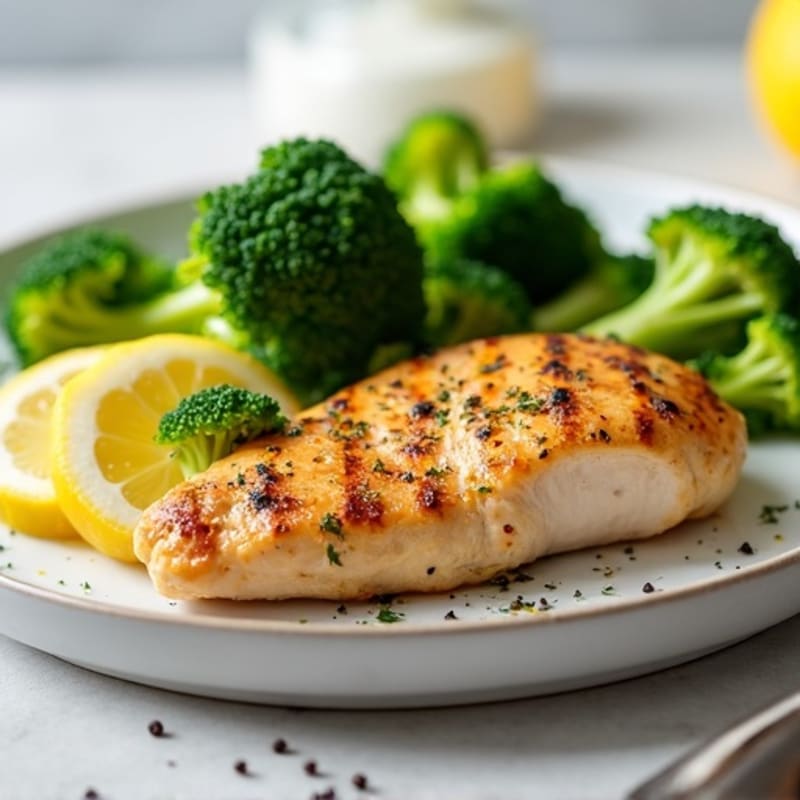 Grilled Chicken Breast with Steamed Broccoli and Lemon
