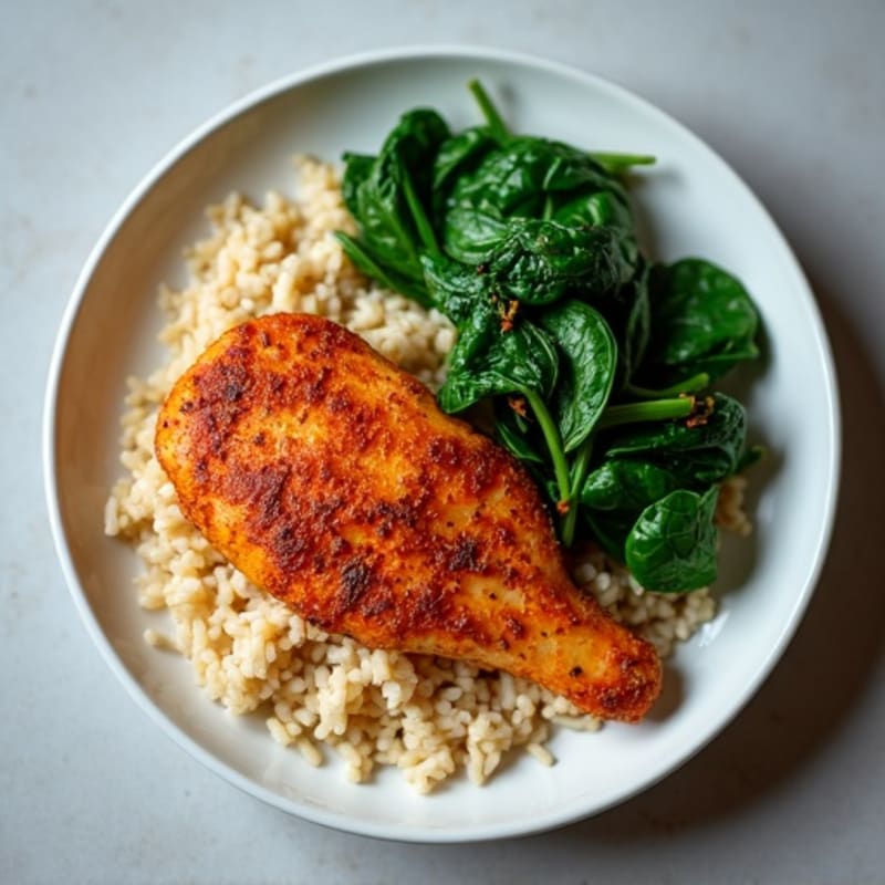 Crispy Pan-Seared Spicy Chicken with Fluffy Brown Rice and Fresh Sautéed Greens