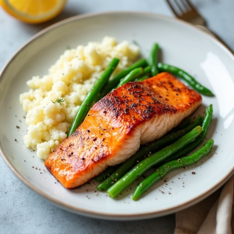 Seared Salmon with Steamed Green Beans and Cauliflower Mash