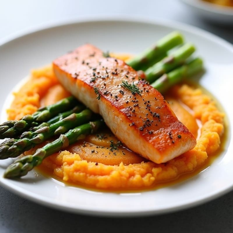 Seared Salmon with Roasted Asparagus and Sweet Potato Mash
