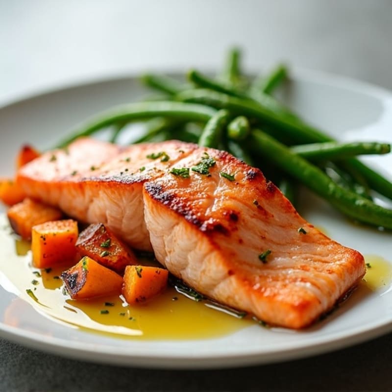 Seared Salmon with Roasted Sweet Potato and Green Beans