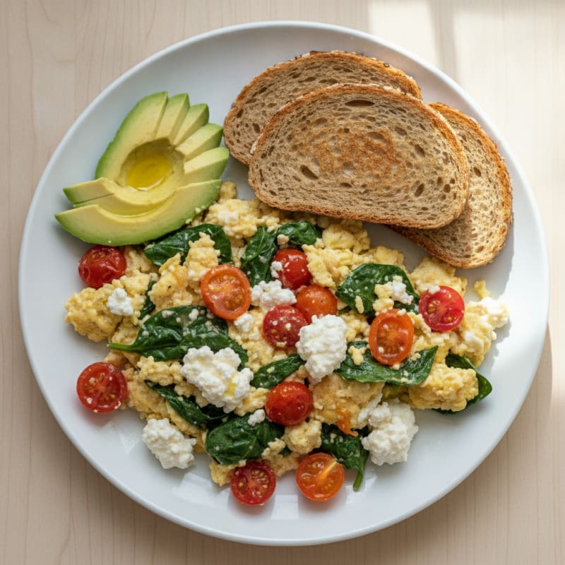 Cottage Cheese Scramble with Spinach and Cherry Tomatoes