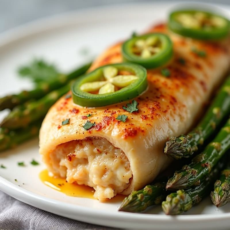 Spicy Creamy Jalapeño Stuffed Chicken Breast with Crispy Roasted Asparagus