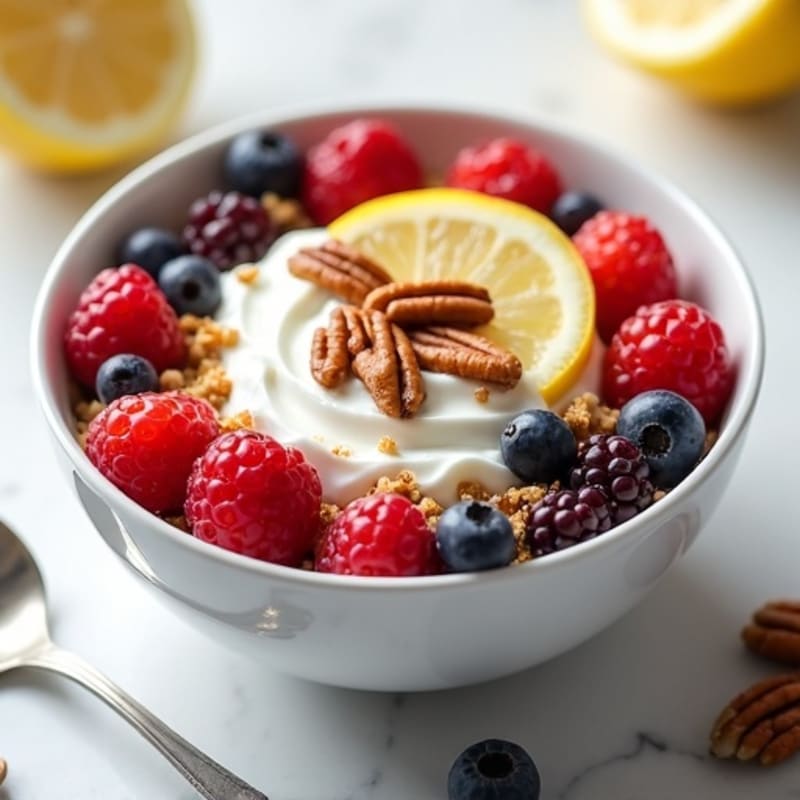 High-Protein Creamy Lemon Cottage Cheese Bowl with Berry Swirl and Toasted Pecan Crumble