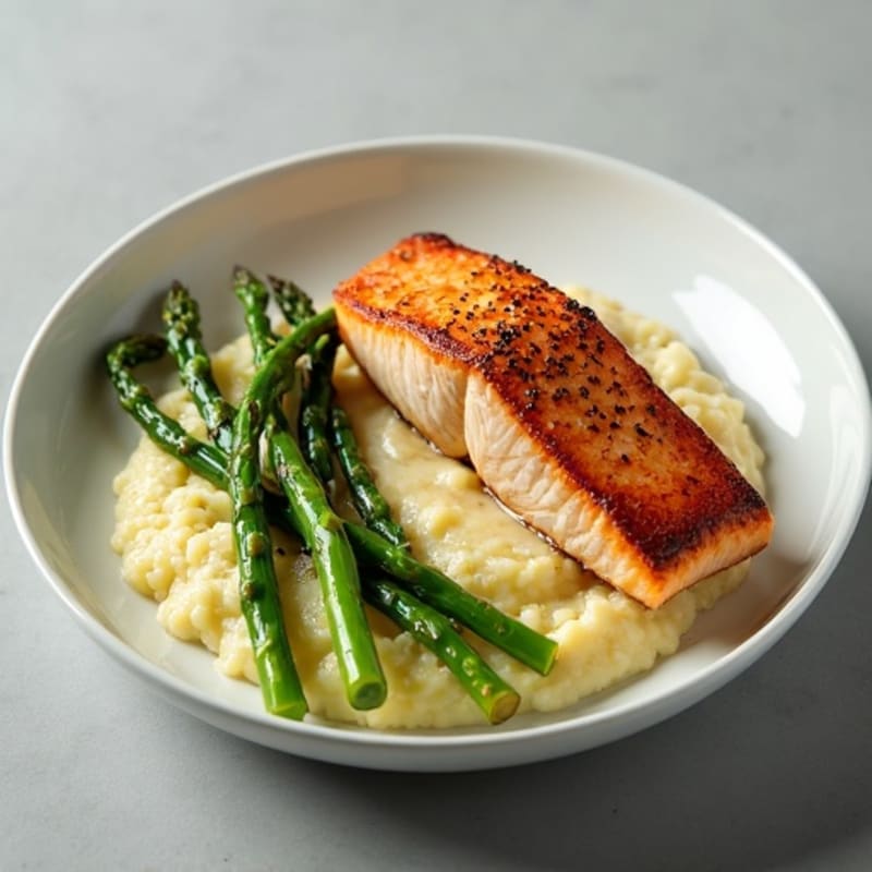 Seared Salmon with Steamed Asparagus and Garlic Cauliflower Mash