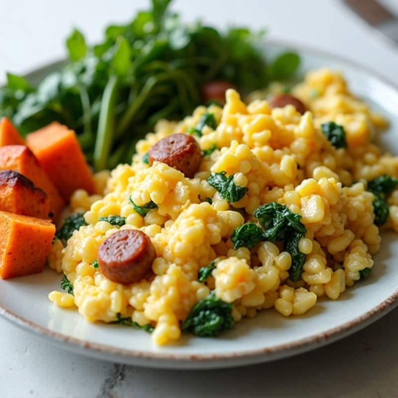 Egg White and Turkey Sausage Scramble with Sautéed Spinach and Sweet Potato