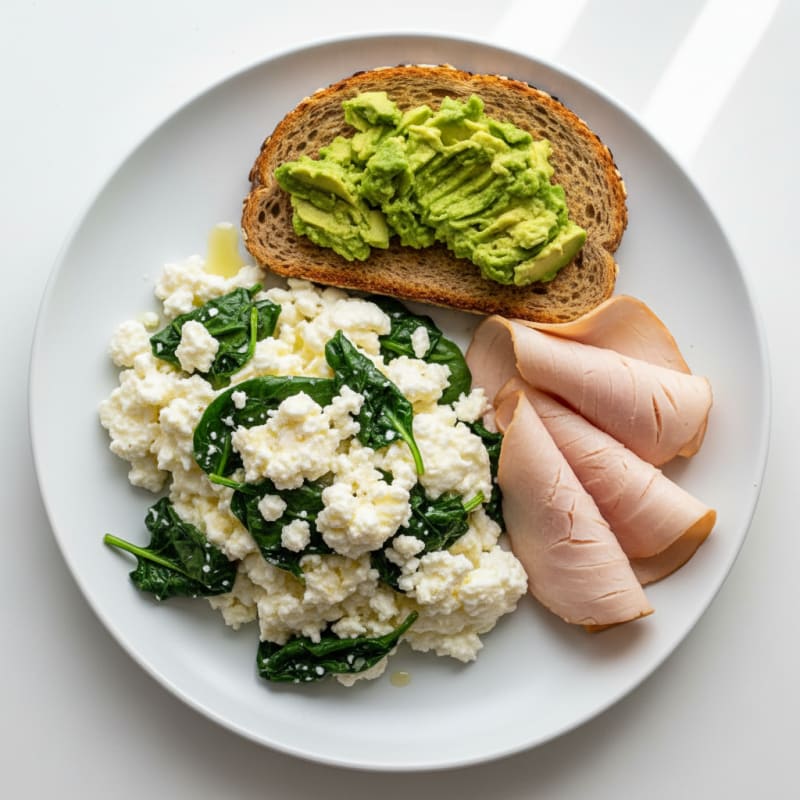 Egg White and Spinach Scramble with Cottage Cheese and Sliced Turkey