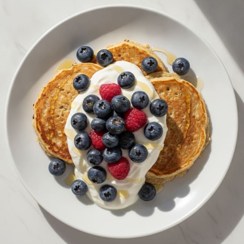 Cottage Cheese Protein Pancakes with Greek Yogurt and Berries