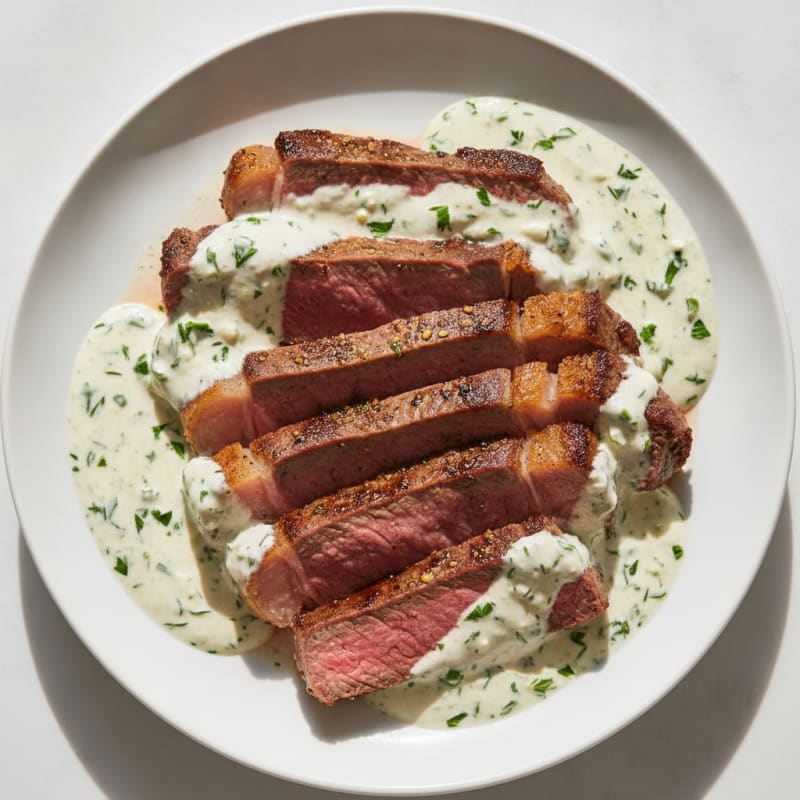 Lean Beef Steak with Garlic Herb Yogurt Sauce