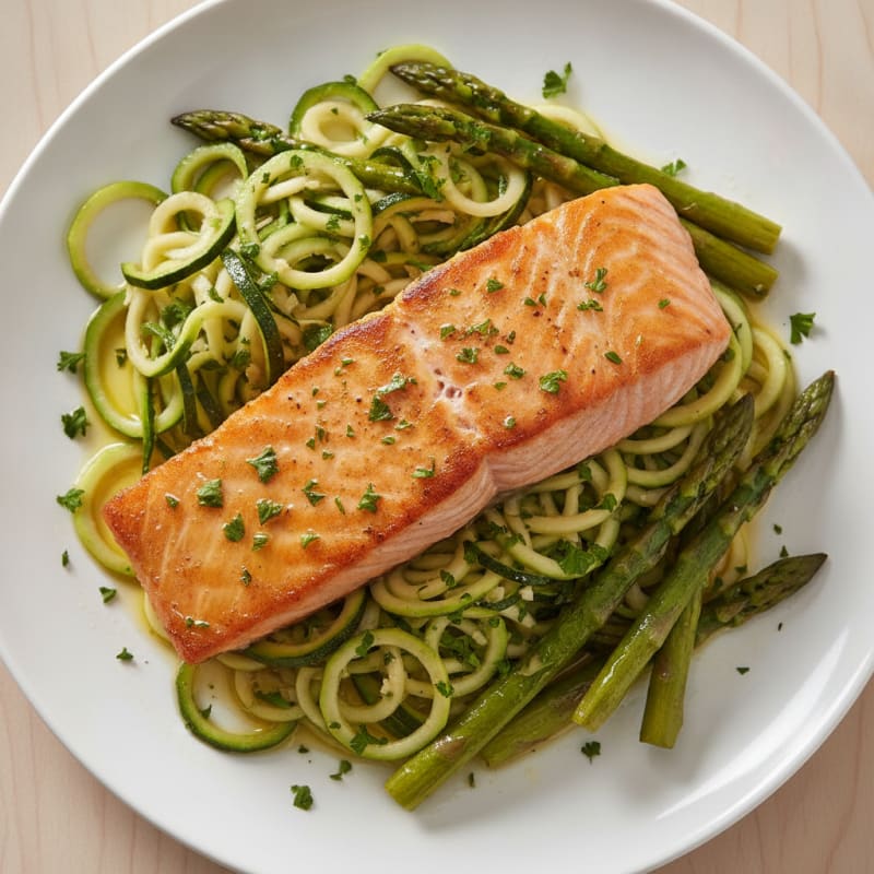 Seared Salmon with Lemon-Garlic Asparagus and Zucchini Noodles